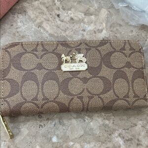 Coach Brown and Tan Signature Zip Wallet